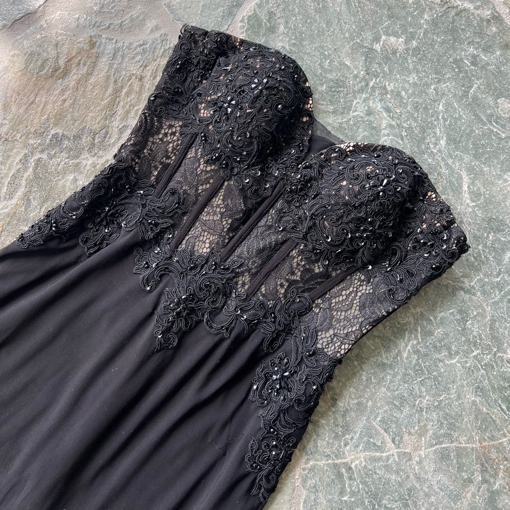 Betsy and Adam black strapless gown